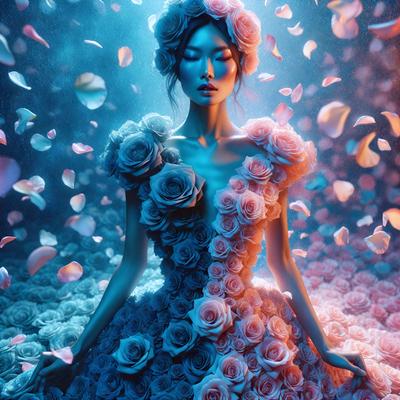 The primary subject of the image is a woman wearing a dress adorned with pink and white flowers. She is sitting in a field of flowers, surrounded by a beautiful and vibrant environment. The visual style of the image is a combination of photo and digital art, creating a surreal and dreamy atmosphere. The dominant colors in the image are pink, white, and blue, which contribute to the overall mood of the scene.